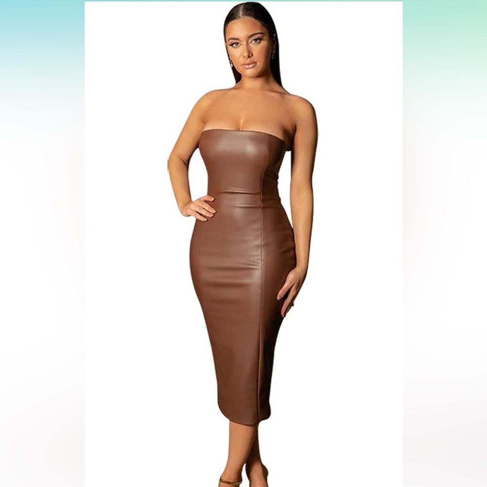 Brown tube top bodycon faux leather dress